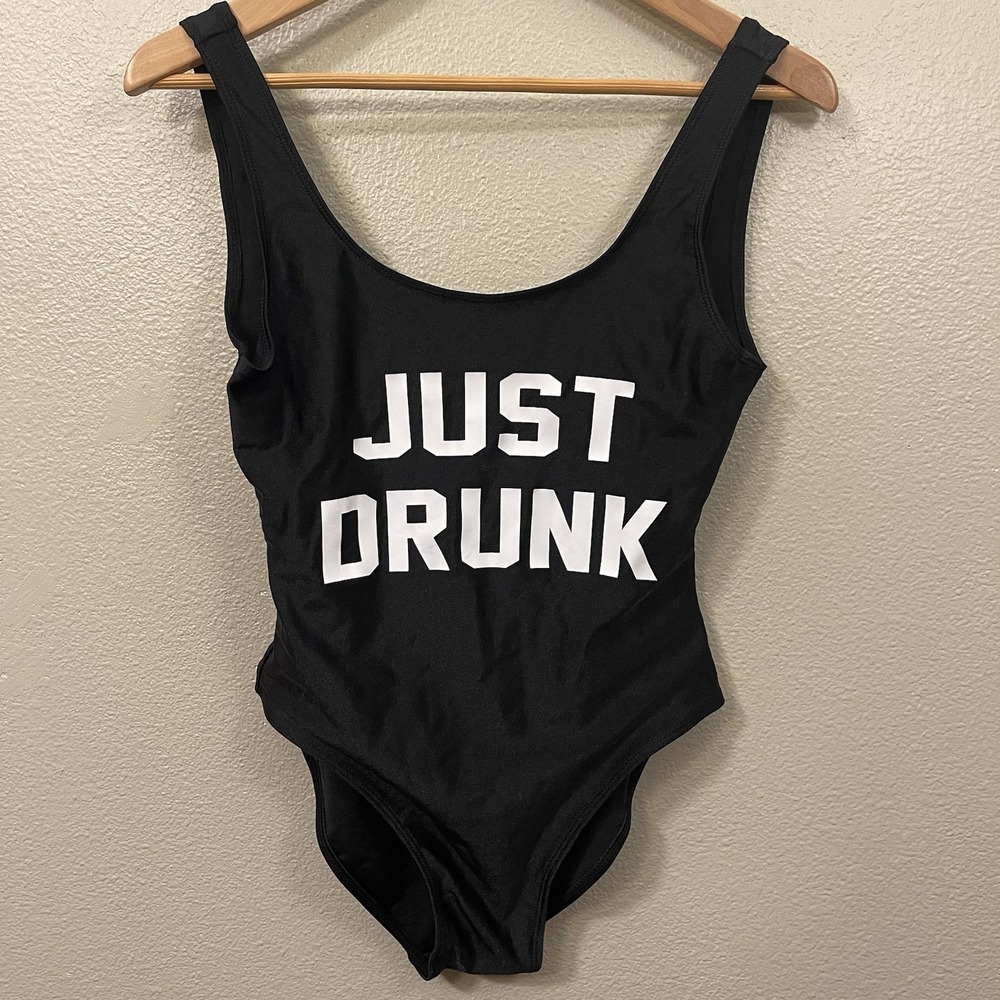 One Piece Novelty Party Swimsuit Adult Just Drunk Black Pool Vacation Beach Sz S